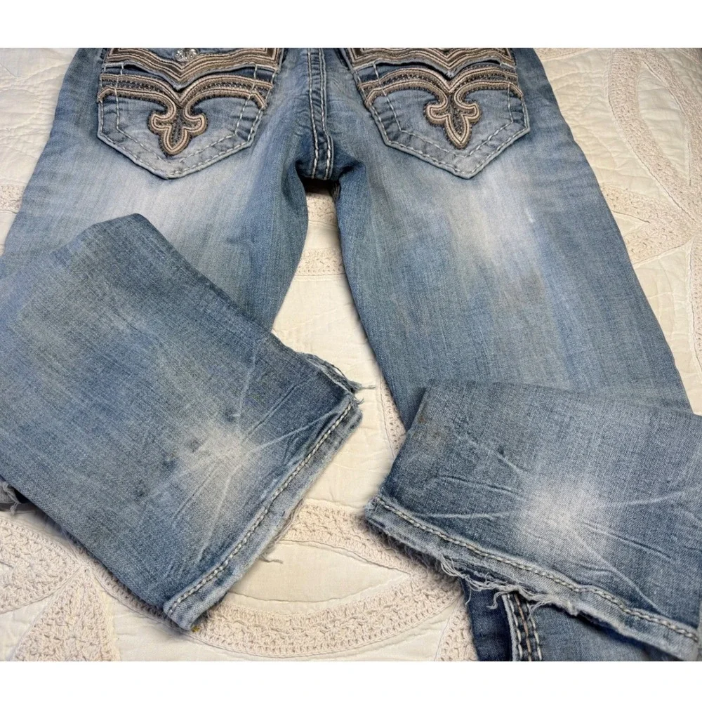 Rock Revival Stan Straight Jeans Blue Distressed Grunge Biker Festival Mens 29